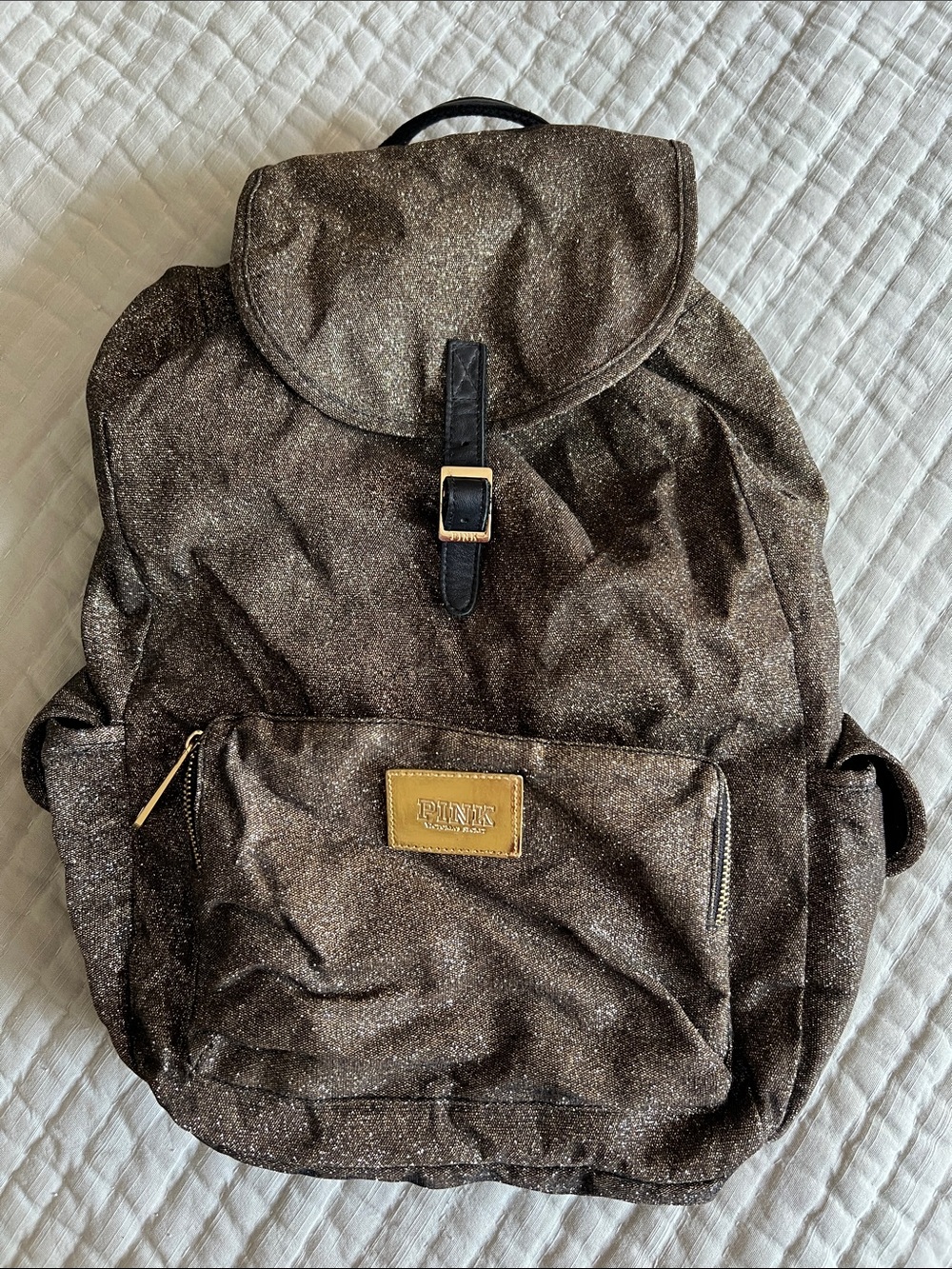 PINK Victoria's Secret Brown Glitter Backpack with Gold Accent